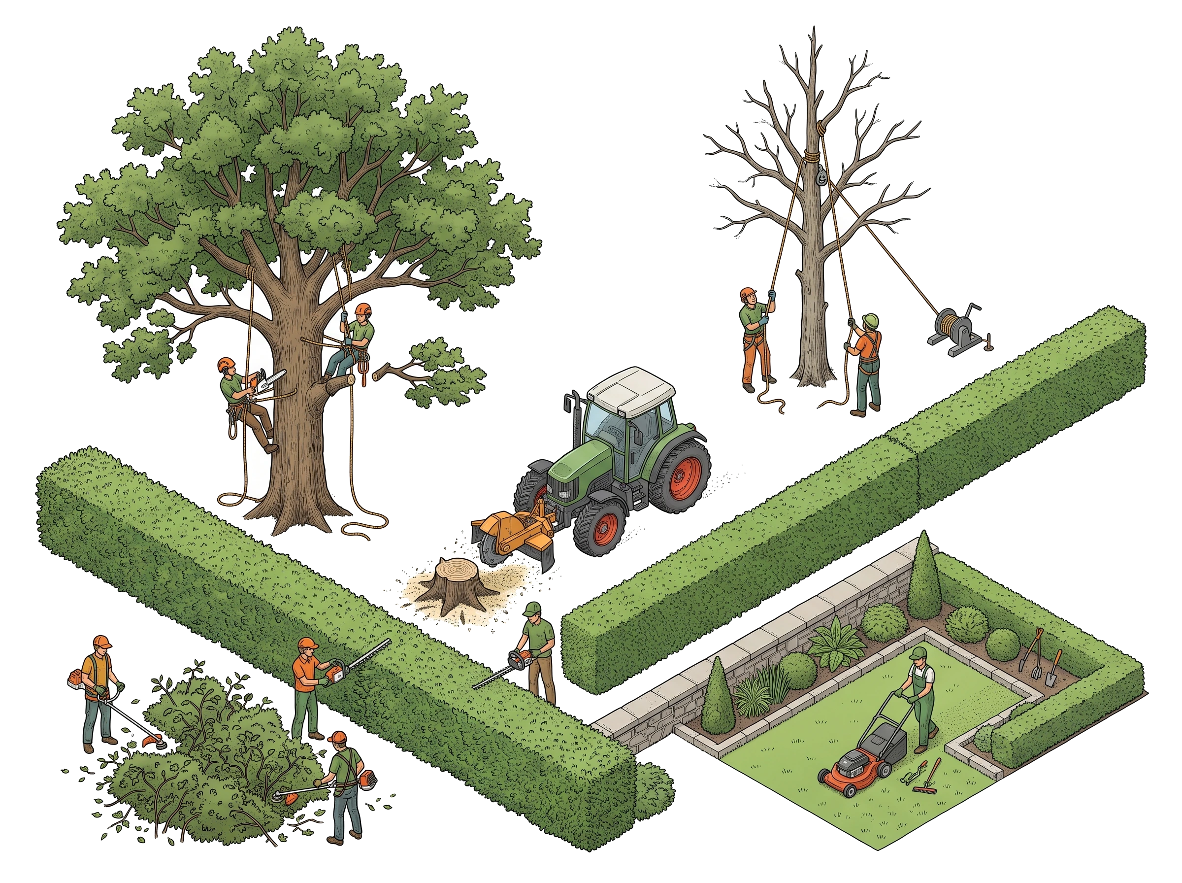 Illustration des interventions : Élagage et taille des arbres, Abattage et démontage, Dessouchage, Taille de haies, Débroussaillage, Entretien de jardin